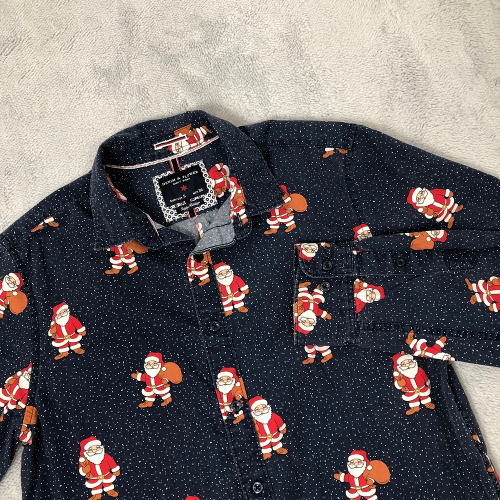 Denim & Flower Santa Claus Shirt Men's Small Navy Blue Holiday Button Up Festive